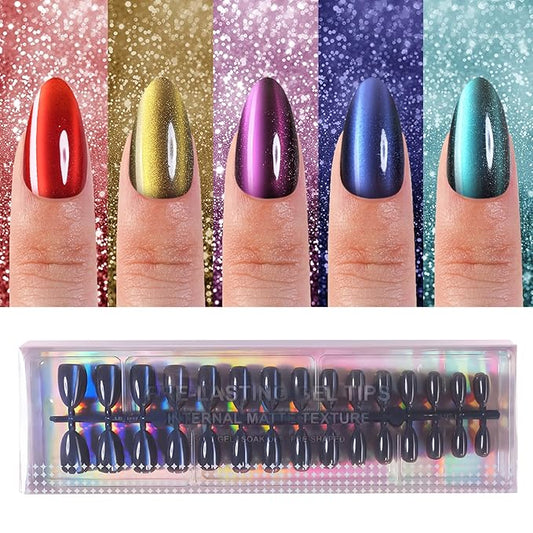 150Pcs Cat Eye Press on Nails Medium Almond, Soft Gel Fake Nails, Glossy Glitter Cat Eye Nail Tips for Women and Girls Stick On Nails in 15 Sizes