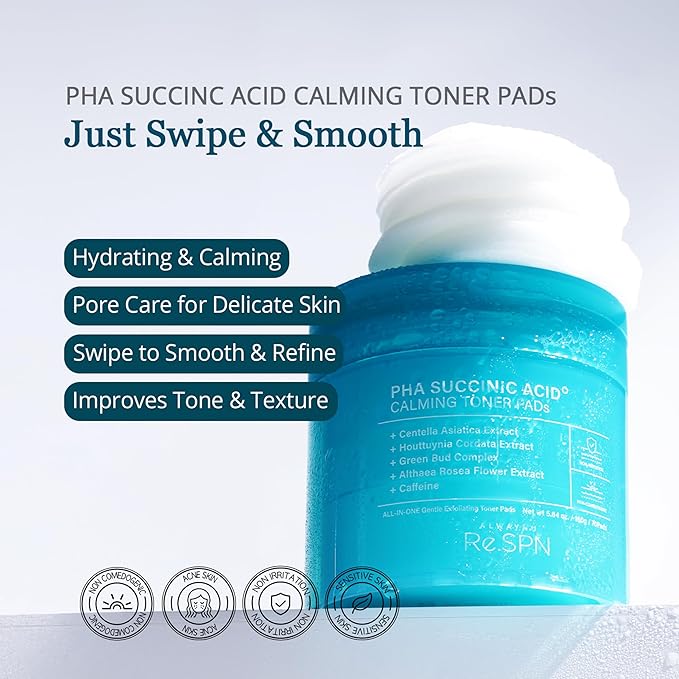 Re.SPN PHA Succinic Acid Calming Toner Pads – Daily Exfoliating, Hydrating and Soothing with CICA, Caffeine, Non-comedogenic, Vegan, Glass Skin, K-Beauty (70 Count)