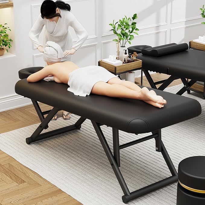 pouseayar Adjustable Massage Table with Face Pillow & Headrest, Sturdy and Solid, Silent and Easy to Adjust - Fixed Backrest, Black