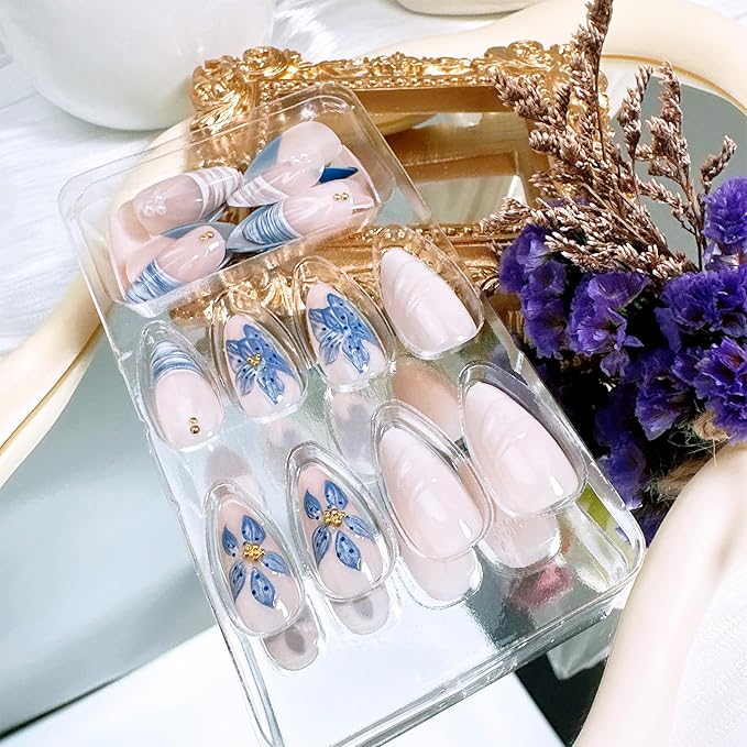 24 Pcs Summer Press on Nails Medium Almond Fake Nails with 3D Blue Flower Gold Beads Designs French Tip False Nails Beach Acrylic Nails Full Cover Stick on Nail for Women Nail Art Decoration