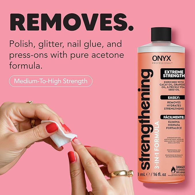 Onyx Professional 3-in-1 Strengthening Nail Polish Remover with 7 inch Nail File, 16 fl oz - Removes Nail Polish, Hydrates, Strengthens Nails | Infused with Grapeseed Oil, Cacay Oil, Cactus Seed Oil