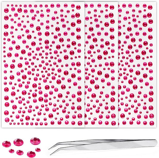 3/4/5/6MM Face Gems Pearls for Makeup Rhinestone Stickers for Crafts White Stick on Body Clear Crystal Tweezers Decals Hair Nails Craft DIY Gems for Nails Makeup Decor 975PCS(Rose Pink)