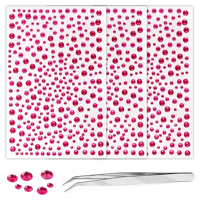 975Pcs Face Gems Hair Gems, Self-Adhesive Face Jewels Eye Jewels Rhinestones 3/4/5/6 mm DIY Face Gems Stick on, Hair Body Rhinestones Gems Crystals Pearls for Face Makeup, Crafts (gem_Rosered)