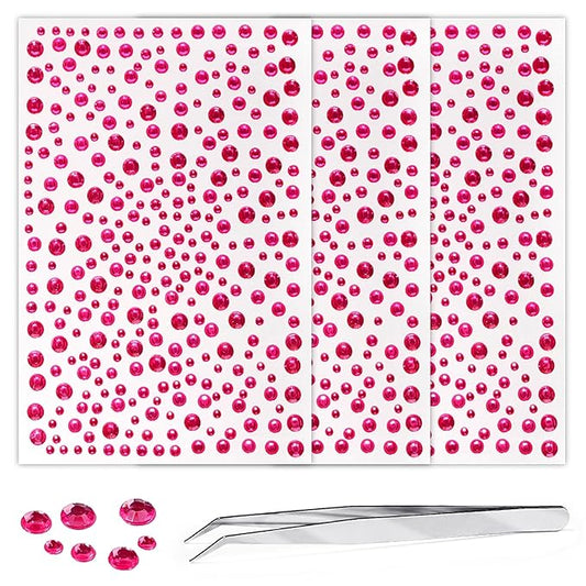 975Pcs Face Gems Hair Gems, Self-Adhesive Face Jewels Eye Jewels Rhinestones 3/4/5/6 mm DIY Face Gems Stick on, Hair Body Rhinestones Gems Crystals Pearls for Face Makeup, Crafts (gem_Rosered)