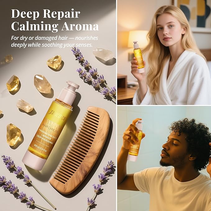 Hair Oil for Dry, Damaged Hair – Lightweight Leave-In Formula with Jojoba & Argan Oils for Deep Hydration, Frizz Control & Pre-Styling Care, Frankincense & Lavender Aroma, 3.4 fl oz / 100 ml