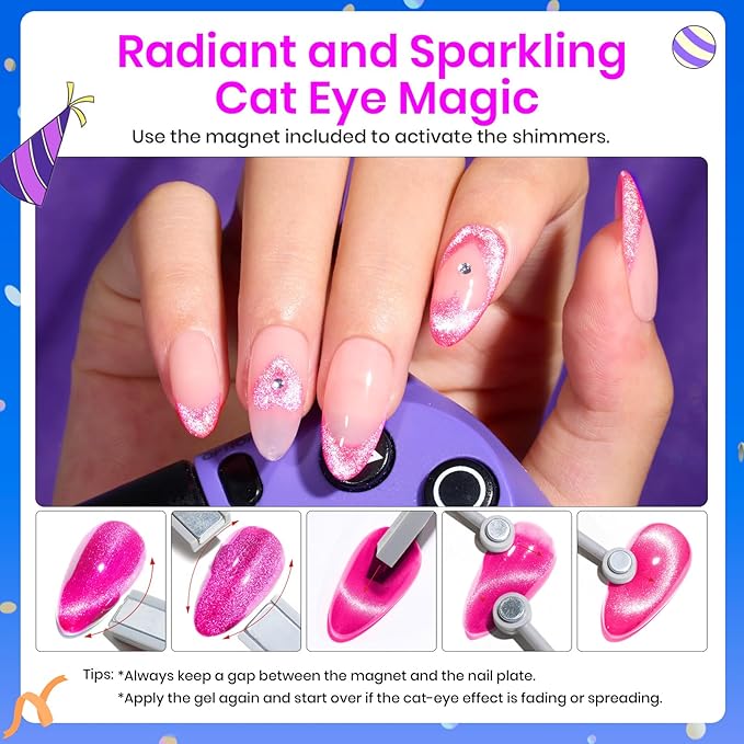 Beetles Cat Eye Gel Nail Polish, 6 Colors Summer Cat Eye Glitter Gel Polish Set Neon Red Pink Purple Blue Green with Magnet Velvet Gel Kit French Nail Art Manicure Gift for Women