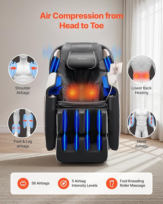 VEVOR Full Body Massage Chair, 3D Zero Gravity Recliner with SL Track, 18 Auto Modes, Heat, Foot Rollers, Armrest Control, LCD Display, 36 Airbags, Retractable Footrest