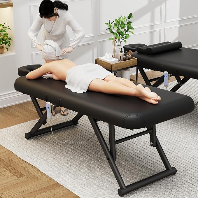 pouseayar Adjustable Massage Table with Face Pillow & Headrest, Sturdy and Solid, Silent and Easy to Adjust - Adjustable Backrest, Electric Leg Lifting, Black