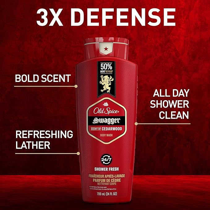 Old Spice Body Wash for Men, 24/7 Shower Fresh with Lasting Scent, Red Collection, Swagger with Cedarwood Scent, 24 fl oz (Pack of 2)