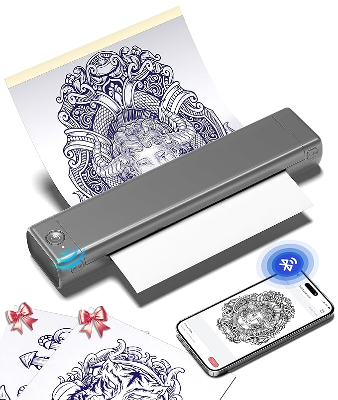 Phomemo M08F Bluetooth Tattoo Stencil Printer, Thermal Tattoo Machine with 10pcs Transfer Paper, Portable Wireless Stencil Printer for Tattooing, Compatible with Smartphone & PC, Grey