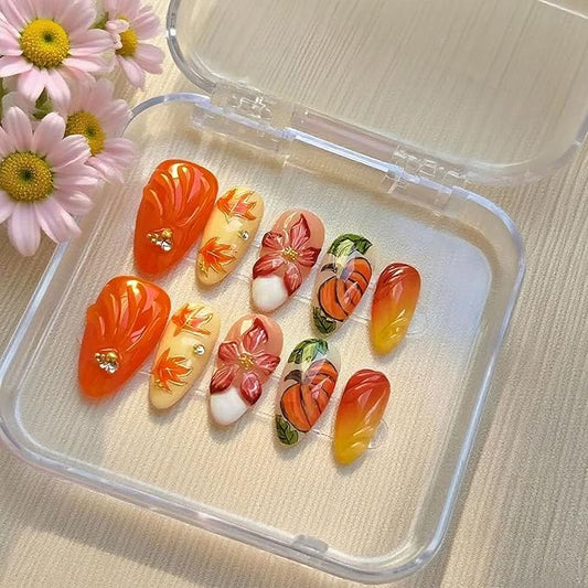 30Pcs Fall Press on Nails Almond Medium Maple Leaf Fake Nails with 3D Flower Pumpkin Designs Autumn Thanksgiving Maple Leaves Nail Tips Gold Bead Rhinestone Full Cover Acrylic Stick on Nails for Women