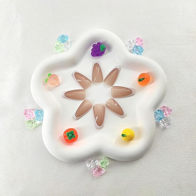 Coffin Press on Nails Medium White French Tip Acrylic Nails Press ons Nude Transparent Glue on Nails with Glossy Design Fake Nails Cute Artificial False Nails Girls and Women 24Pcs