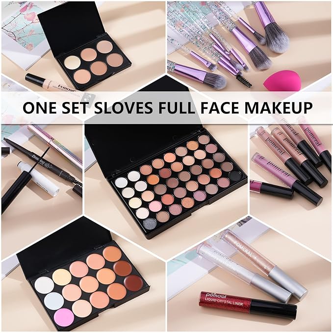 Makeup Kit For Girls,Full Makeup Set For Wonmen Includes 40 Colors Eyeshadow Palette Lip Gloss Liquid Lipstick Make up Sponge Brushes Eyebrow Concealer With Makeup Bag