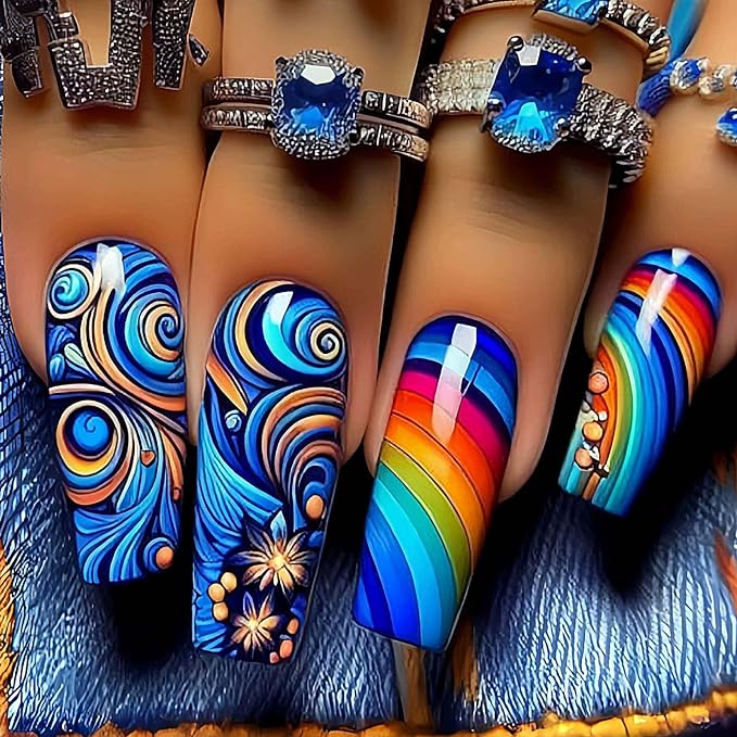 Long Square Press on Nails Colorful Fake Nails with Design False Nails Glue on Nails Stick on Nails for Women 24pcs