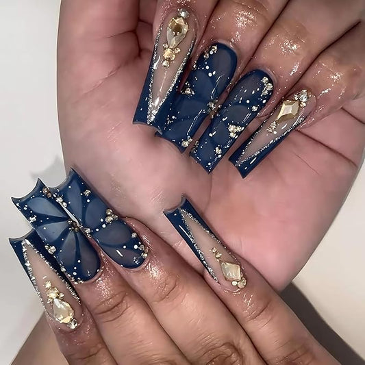 BABALAL Press on Nails Long Square Fake Nails Blue French Tip Glue ons Butterfly Gold Rhinestone Charm Design Shine Acrylic Nails Supplies Squoval 24Pcs Luxury DIY Handmade Stcik on False Nail Art