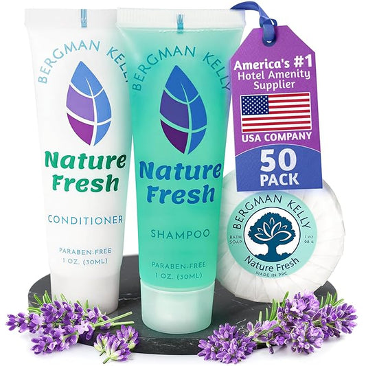 Bergman Kelly Round Hotel Soap Bars, Shampoo & Conditioner 3-Piece Set (1 oz each, 150 pc, Nature Fresh), Delight Your Guests with Refreshing & Soothing Mini Travel Toiletries & Bulk Amenities