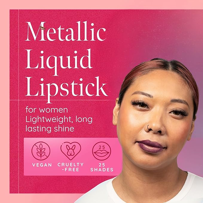 Aromi Metallic Liquid Lipstick | Chestnut Rose Lip Color with Shimmery Finish, Long-lasting + Long Wear, Mauve Shade, Waterproof, Vegan (Burgundy Quartz)