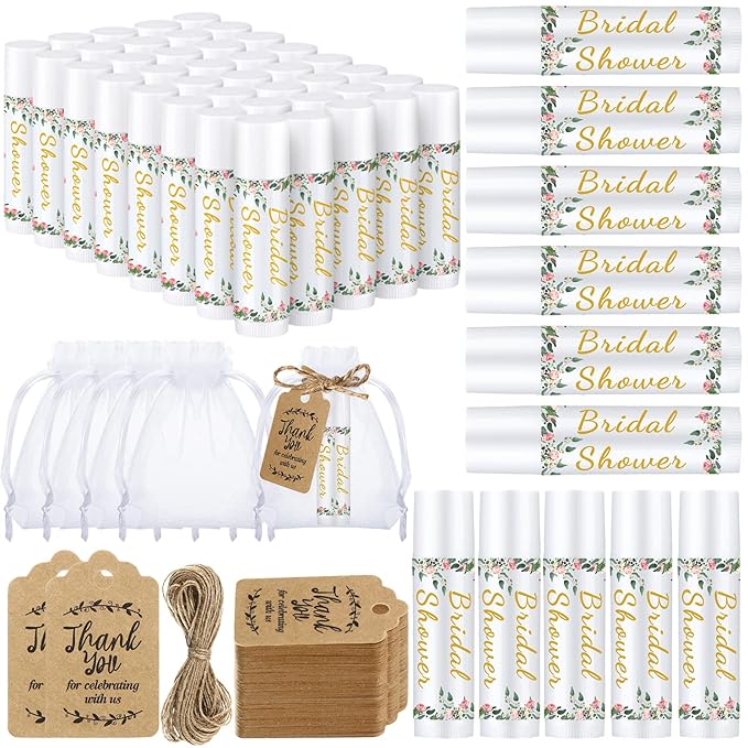 Demissle 50 Pcs Bridal Shower Lip Balm Gift Set with 100 Pcs Organza Bags Thank You Tags 20 Meters Rope wedding Party Favor for Guest Favors Gift Party Decoration Souvenirs(Floral)
