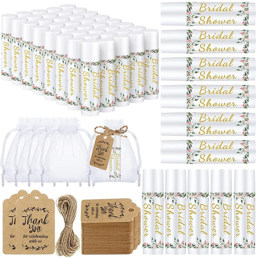 Demissle 50 Pcs Bridal Shower Lip Balm Gift Set with 100 Pcs Organza Bags Thank You Tags 20 Meters Rope wedding Party Favor for Guest Favors Gift Party Decoration Souvenirs(Floral)