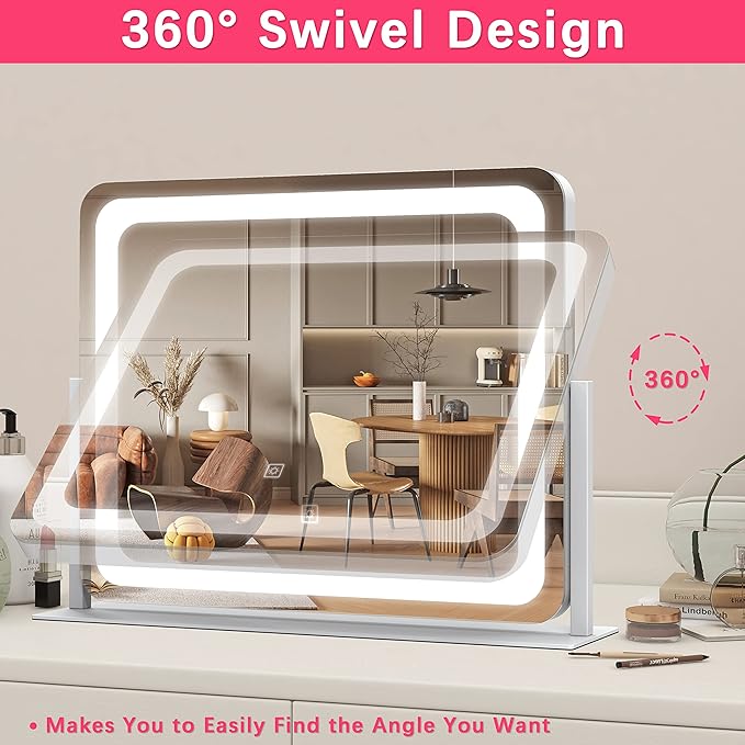 22x17 Inch Lighted Vanity Mirror with Dimmable LED Lights - 3 Color Modes, Smart Touch Control & 360° Rotating Base - Desk Makeup Mirror (White)