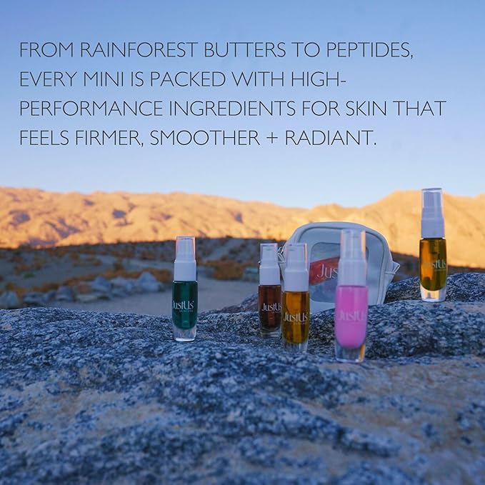 JustUs Skincare Mini Kit – 5 Piece Anti-Aging Travel Set for Hydration, Firmness, Brightening + Glow — Includes Free Travel Case | $115 Value