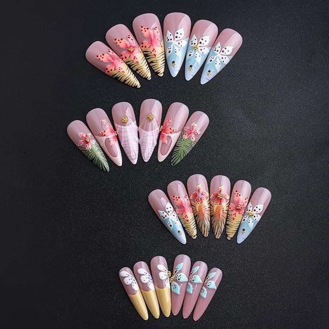 Almond Press on Nails Long Fake Nails Mixed Colors 3D Flower Shell Rhinestone Leopard French Tip Full Cover Summer Stick on False Nail for Women 24PCS
