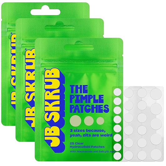 JB SKRUB The Pimple Patches for Face Acne, Ultra Discreet Clear Hydrocolloid Patches with Salicylic Acid & Niacinamide, Skin Care for Kids & Teens - 3 Packs of 25 Small, Medium & Large Spot Treatments