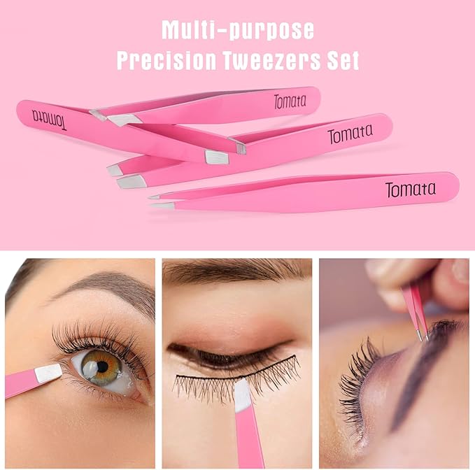 Tweezers for Eyebrows, Slant Tip and Pointed Eyebrow Tweezer Set Great Precision for Eyebrows Facial Hair, Ingrown Hair, Splinter, Blackhead and Tick Remover (4-piece) (pink)