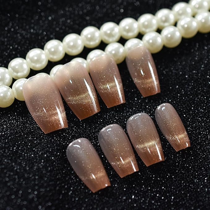 Shimmery Cat Eye Press On Nails Coffin Medium Length Nails Women Girls Gifts Shiny Salon Manicure Light Brown Nude Gel Nail Art Tips Fake Nails Reusable Acrylic False Nails Glue On Nails