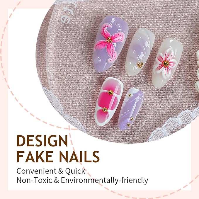 30Pcs Handmade Jelly Press On Nails Medium Almond Fake Nails Nail Art Tip Summer Holiday Pink 3D Flower Steel Design Gold Charms Nail Set, Floral Press Ons French Style Cute Artificial Nails for Women