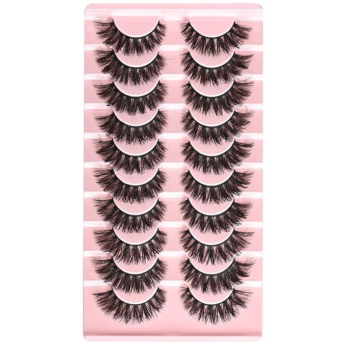FARRED False Lashes Wispy Natural Strip Eyelashes 14mm Cat Eye Lash Strips Full Volume Fake Mink Eyelash Pack Natural Look 10 Pairs Short Thick Fluffy Cateye Pestañas Postizas for Women