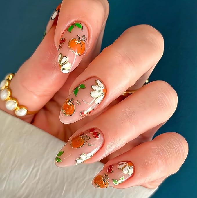24Pcs Fall Press on Nails Medium Almond Thanksgiving Fake Nails Autumn Gilded Pumpkin Daisy Full Cover Fall Leaves False Nails Reusable Autumn Acrylic Nail Glue on Nail for Women Nail Decoration