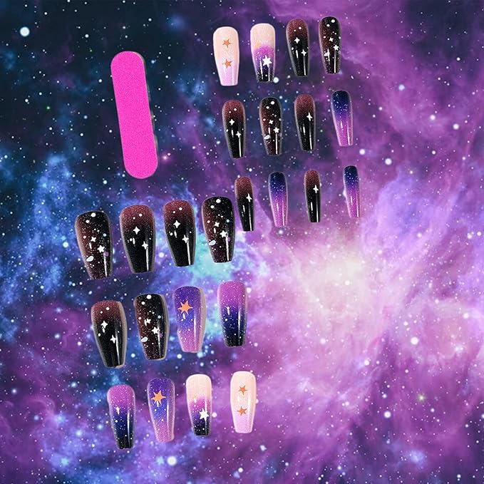 Starry Sky Acrylic Full Cover Fake Nails 24Pcs Milky Way Press on Nails Glossy Purple Gradient Medium Coffin False Nail Universe Gel Glue on Fingernails Gold Stars Stick on Nail for Holiday Manicure
