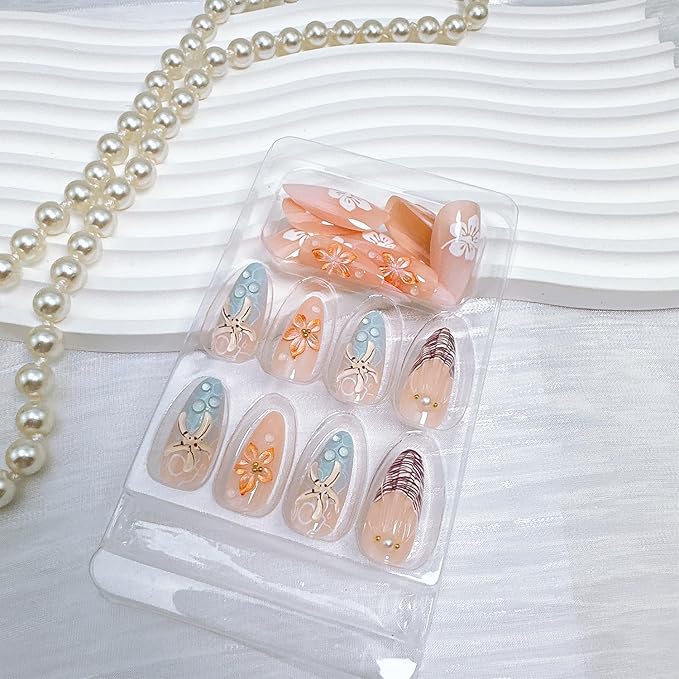 24 Pcs Summer Press on Nails Medium Almond Fake Nails with Pearl Gold Beads Designs 3D Starfish Flower Glue on Nails French Tip Acrylic Nails Beach False Nails Full Cover Stick on Nails for Women