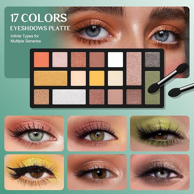 Color Nymph Beginner Makeup Kit For Teens, Girls Makeup kits With Recyclable And Key-Lockable Cabinet Included 17-Colors Eyeshadows Blushes Bronzer Highlighter Lipstick Brushes Mirror(Green)