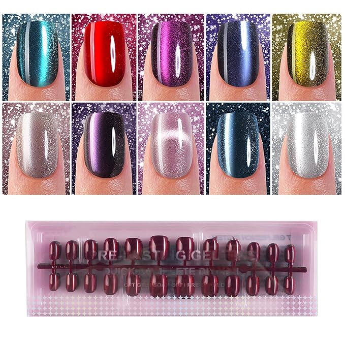 240Pcs Cat Eye Press on Nails Short Square, Plauva Soft Gel Fake Nails, Glossy Glitter Cat Eye Nail Tips for Women and Girls Stick On Nails in 12 Sizes