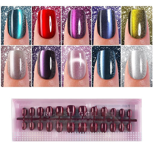 240Pcs Cat Eye Press on Nails Short Square, Plauva Soft Gel Fake Nails, Glossy Glitter Cat Eye Nail Tips for Women and Girls Stick On Nails in 12 Sizes