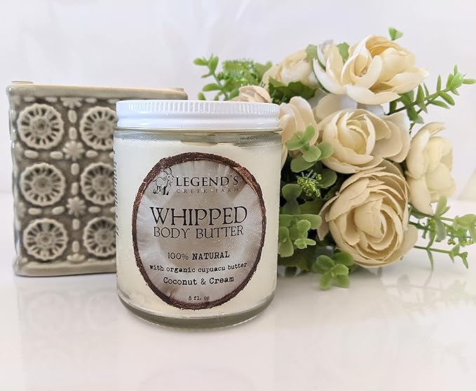 Legend's Creek Farm, Goat Milk Body Butter - Hydrating Natural Body Moisturizer with Organic Shea Butter & Grape Seed Oil - 8 Oz Purifying & Toning Whipped Body Butter (Cupuacu Coconut & Cream)
