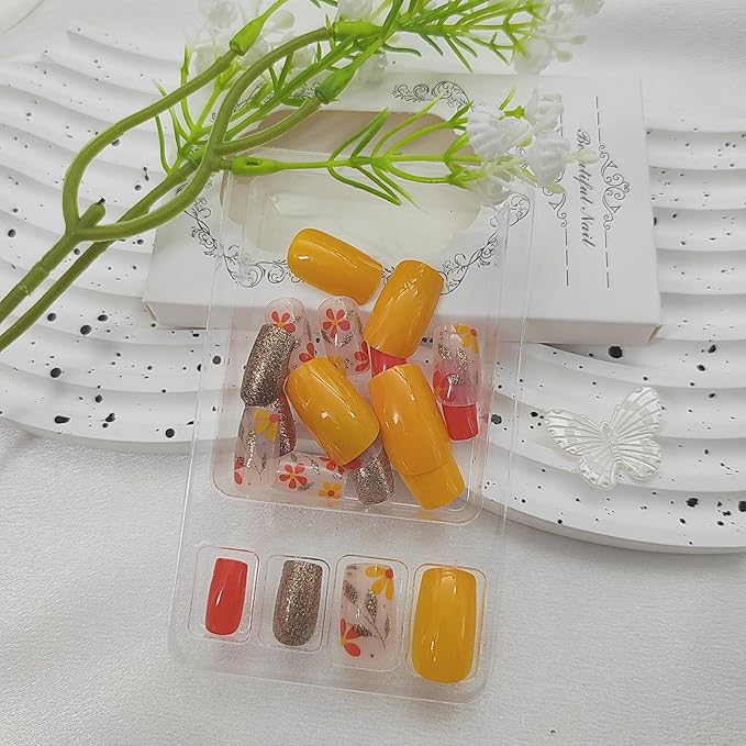 Square Press on Nails Medium False Nails with Glitter Leaves Flower Designs Yellow Fake Nails Glitter Nails Press ons Glossy Glue on Nails Fall Artificial Orange Stick on Nails for Women 24Pcs