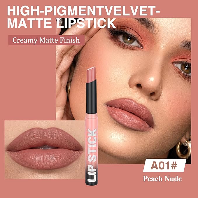 Pink Nude Matte Lipstick，Creamy Silky Matte+Lipsticks，Hydrating Balm-in-Lipstick，Velvety Finish for Women Daily Lip Makeup，High-pigment Formula，Easy to use and color，Vegan & Cruelty-Free 01#