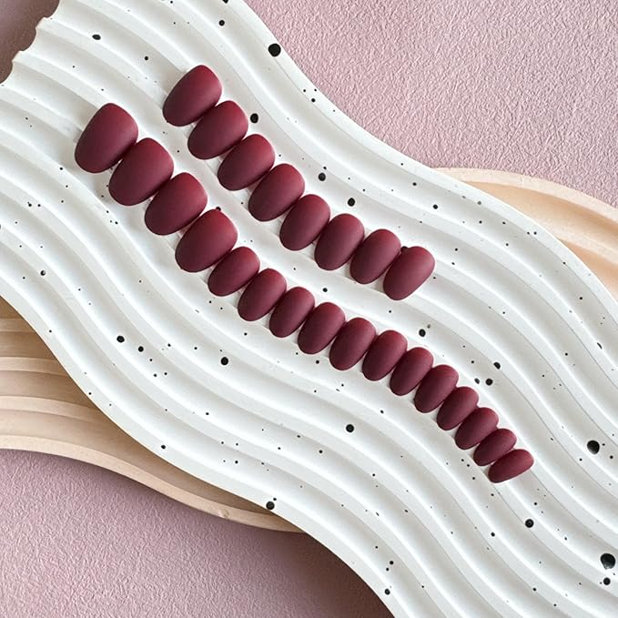 Matte Wine Red Press on Nails Short Almond Fake Nails Press ons, Thick Solid Color Glue on Nails Short False Medium Almond Nail Oval Round Shaped for Women, 24Pcs Natural Acrylic Gel Nail