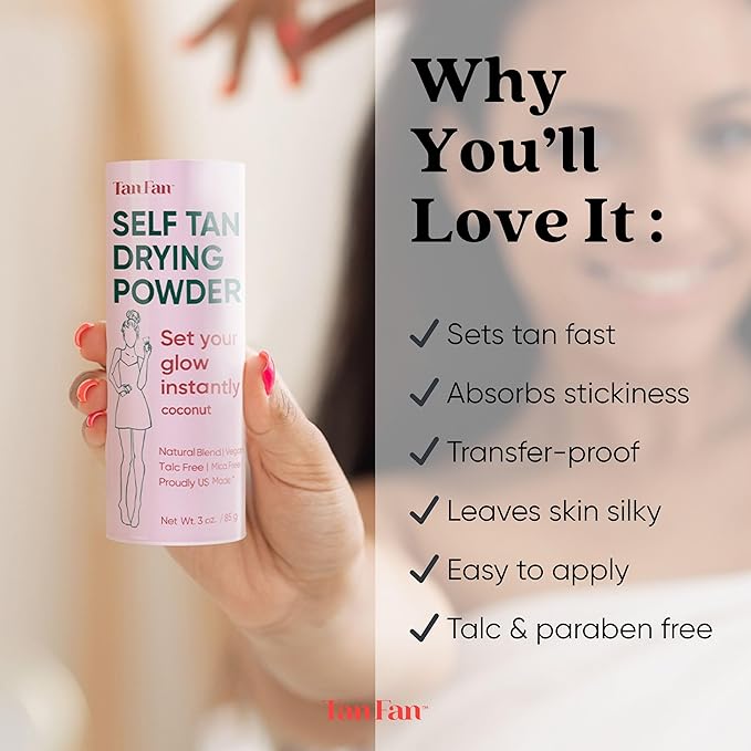 Tan Fan Self Tan Drying Powder - Stops Sticky Feeling After Sunless Tanner - 100% Vegan Talc-Free Translucent Loose Setting Powder In Shaker Bottle For Smooth Silky Skin - USA Made (Coconut 3oz)