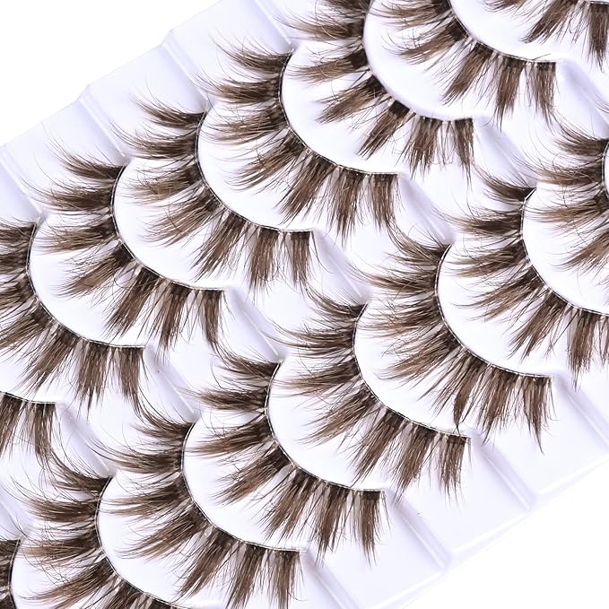 FARRED Brown Lashes False Eyelashes Natural Lashes Short Wispy Mink Eye Lash Fluffy Wispies Eyelash Natural Look 10 Pairs Fake Lashes Pack Volume Lash Strips Pestañas
