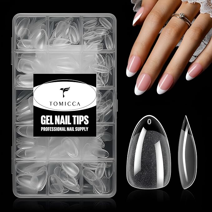 TOMICCA Short Almond Nail Tips, 15 Sizes 240Pcs Acrylic Nail Kit with Almond Nail Tips - Clear Press-On Nails for Extension, DIY Manicure Set, Gel & Acrylic Nail Tips Natural Fake Nails