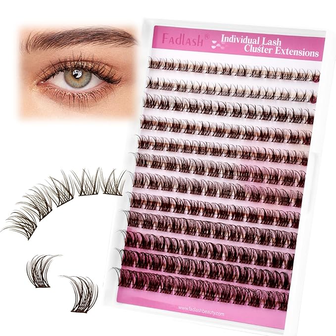 FADLASH Lash Clusters Brown Natural Eyelash Clusters DIY D Curl Cluster Eyelash Extensions with Soft Thin Band Reusable Individual Lashes for Self Use (R028, 8-16mm)