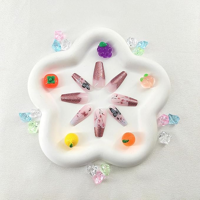 Coffin Press on Nails Medium French Tip False Nails with Butterfly Flower Design Glitter Glue on Nails Gradient Fake Nails Light Pink Coffin Nails Press ons Glossy Acrylic Nails for Girls 24Pcs
