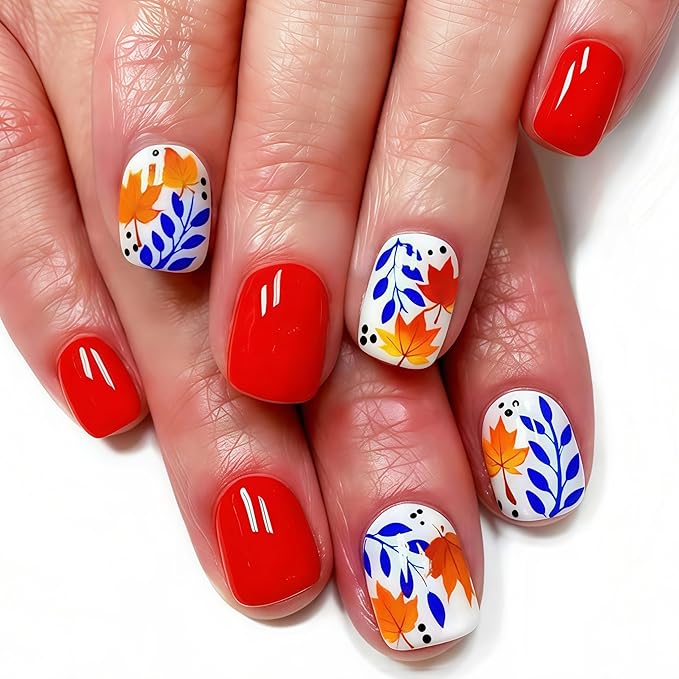 24Pcs Fall Red Press on Nails Short Square Fake Nails with Maple Leaf Design Autumn False Nails Thanksgiving Glue on Nails Blue Leaf Polka Dot Full Cover Artificial Nail for Women Holiday Manicure