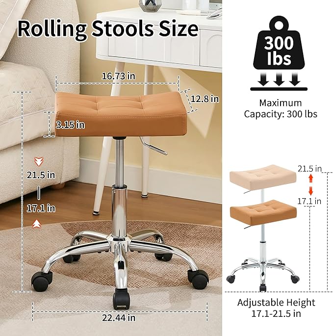 Rolling Stool Adjustable Height (300lbs Capacity) (Sturdy Base) Multifunctional Nail Tattoo Vanity Massage Stool (Camel Brown)