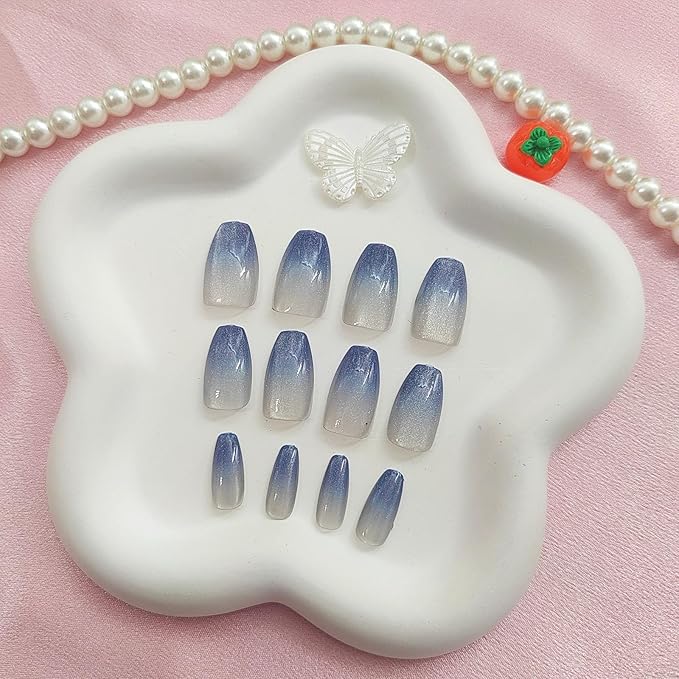 24pcs Short Press On Nails, Coffin Shape, Blue, Glossy, Cat's Eye Designs, Full Cover, Plastic Material, Quick On, Full Well Tips, False Nails, Art Deco Style
