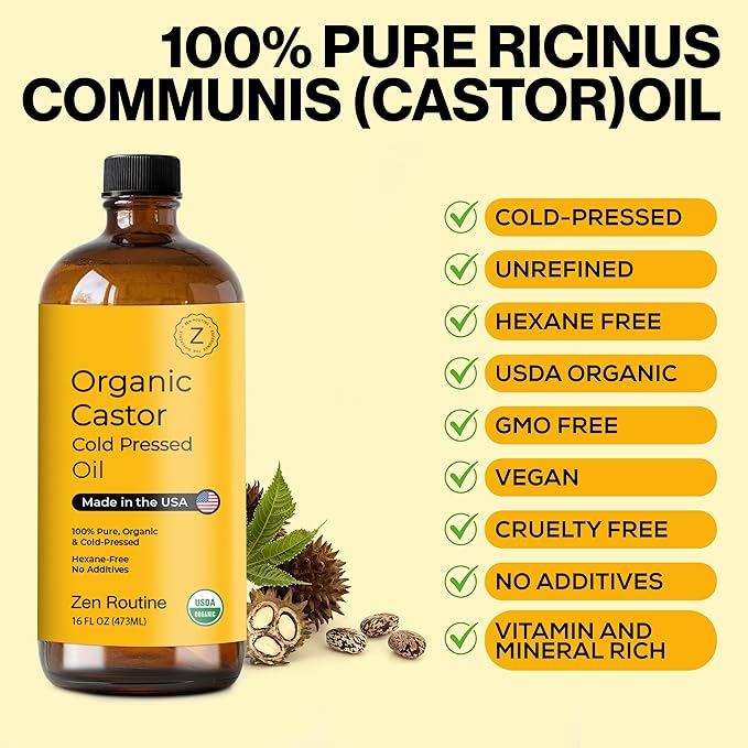 Zen Routine Organic Castor Oil (Glass Bottle - 16oz / 2-Pack) Hexane Free – Hair Growth Oil, Eye Lashes & Stomach, Pure 100% Cold Pressed Unrefined Castor Pack Wrap – USDA Certified, Made in the USA
